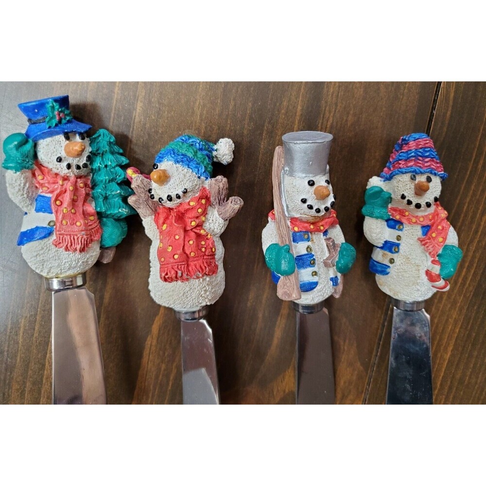 Cheese Spreaders Set 4 Snowman Red White Resin Stainless Steel Box Holiday 4.5"